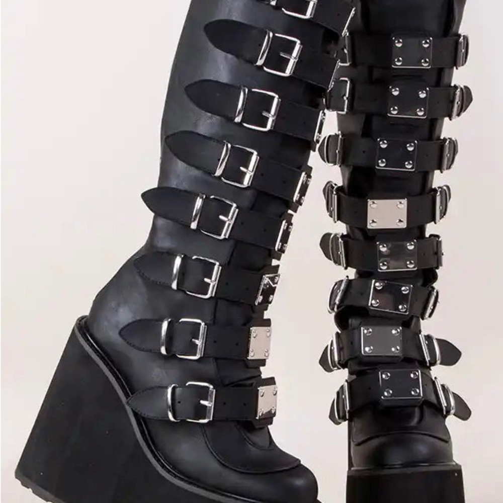 Demonia Black Combat Boots with Silver Buckles